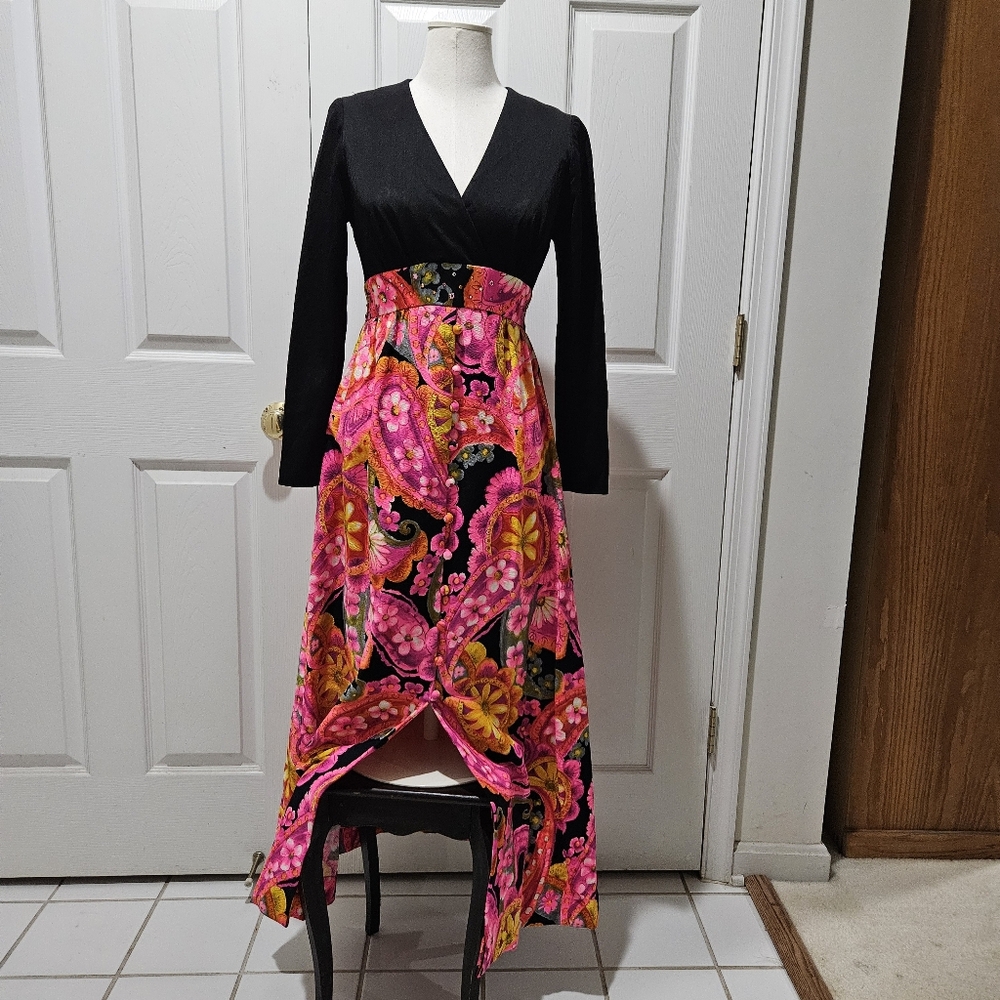 VINTAGE 60s Mod (Barkcloth?) Dress Black Maxi by Stephen O'Grady